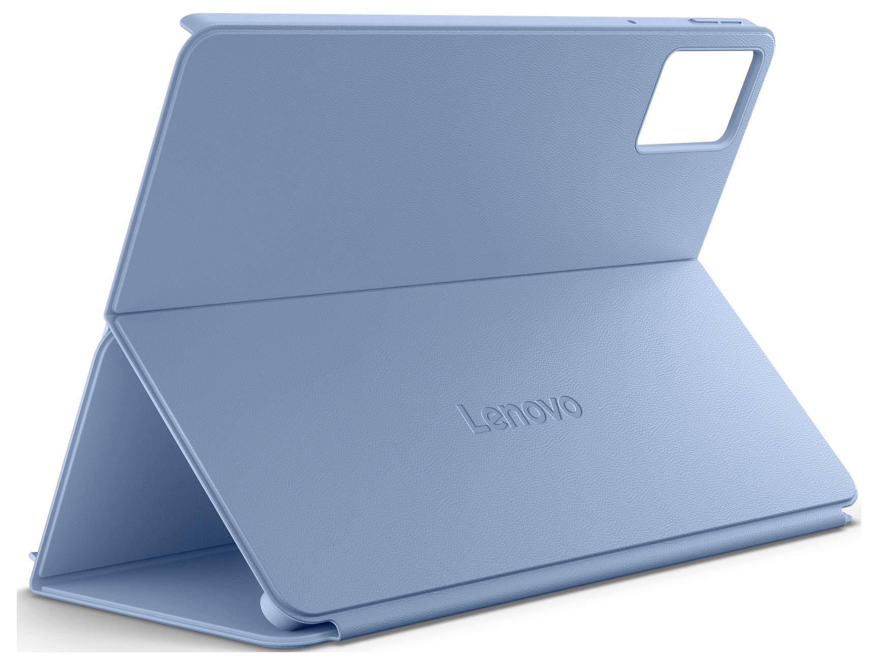Blaue Lenovo-Tablet-Foliohülle, zusammengeklappt zu einem Ständer, mit Aussparung für die rückwärtige Kamera.