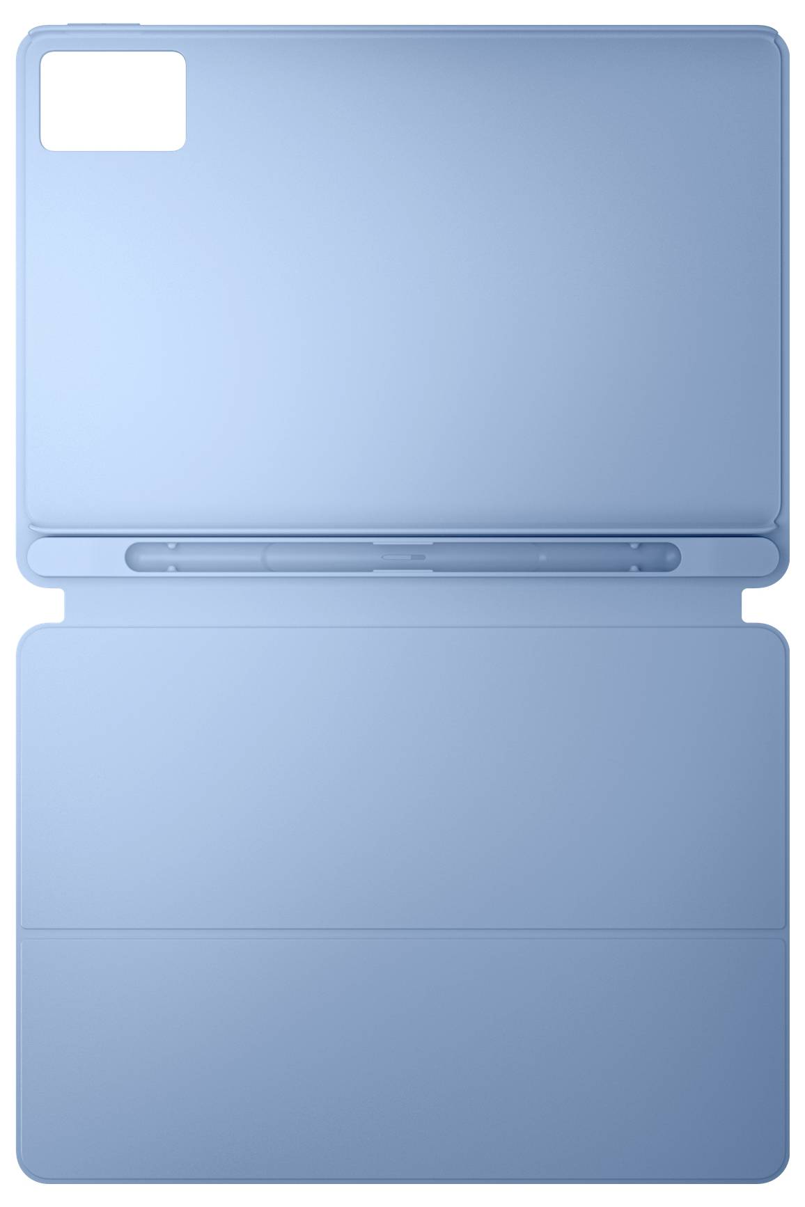 Blaues geschlossenes Laptop- oder Tablet-Illustration mit leerem weißen Etikett in der oberen linken Ecke.
