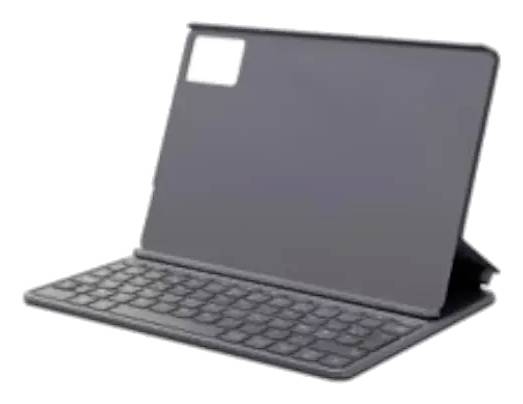 Grauet Tablet mit Schutzhülle und integrierter Tastatur, im offenen Winkel auf weißem Hintergrund.