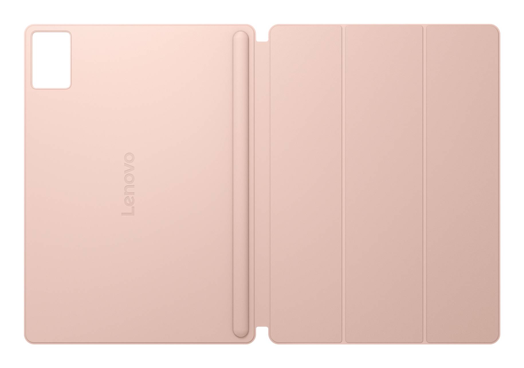 Rosa Lenovo-Tablet-Folio-Hülle in geschlossenem Zustand, mit Kameraausschnitt auf der Rückseite und dreiteiliger Abdeckung auf der rechten Seite.