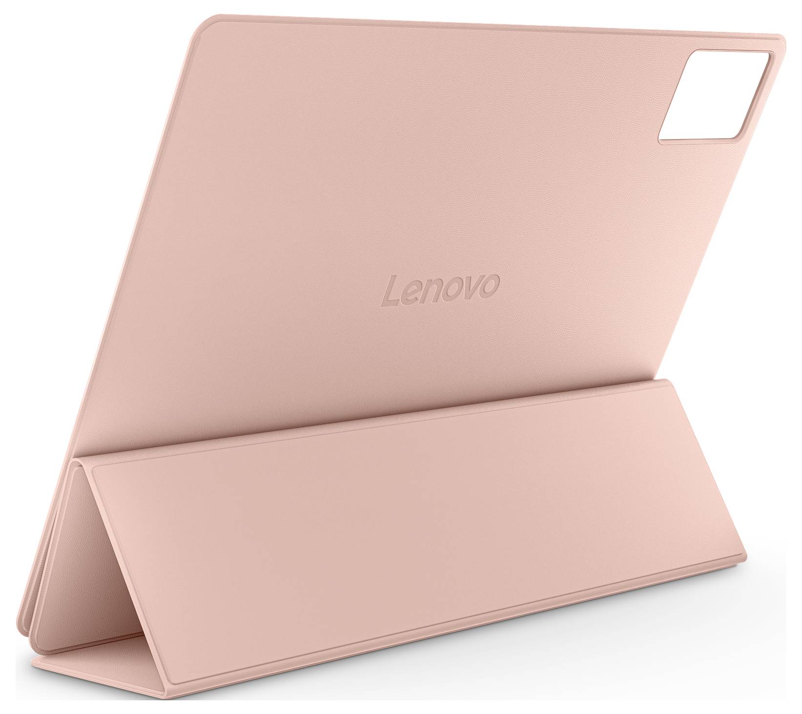 Rosa Lenovo-Tablet-Schutzhülle, gefaltet als Ständer dargestellt, mit Rückkamera-Aussparung und sichtbarem Logo.