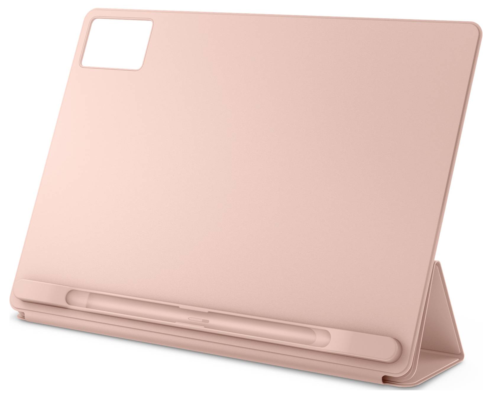 Rosa klappbares Tablet-Ständer-Etui, geschlossen dargestellt, mit Kameraausschnitt und integriertem rückwärtigem Ständer.