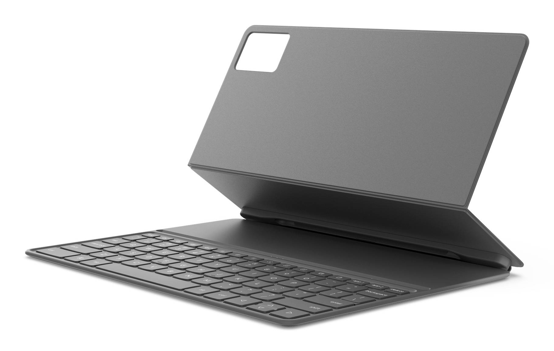 Graue Tablet-ähnliche Tastaturschutzhülle mit integriertem Ständer, aufgeklappt und gewinkelt auf weißem Hintergrund dargestellt.
