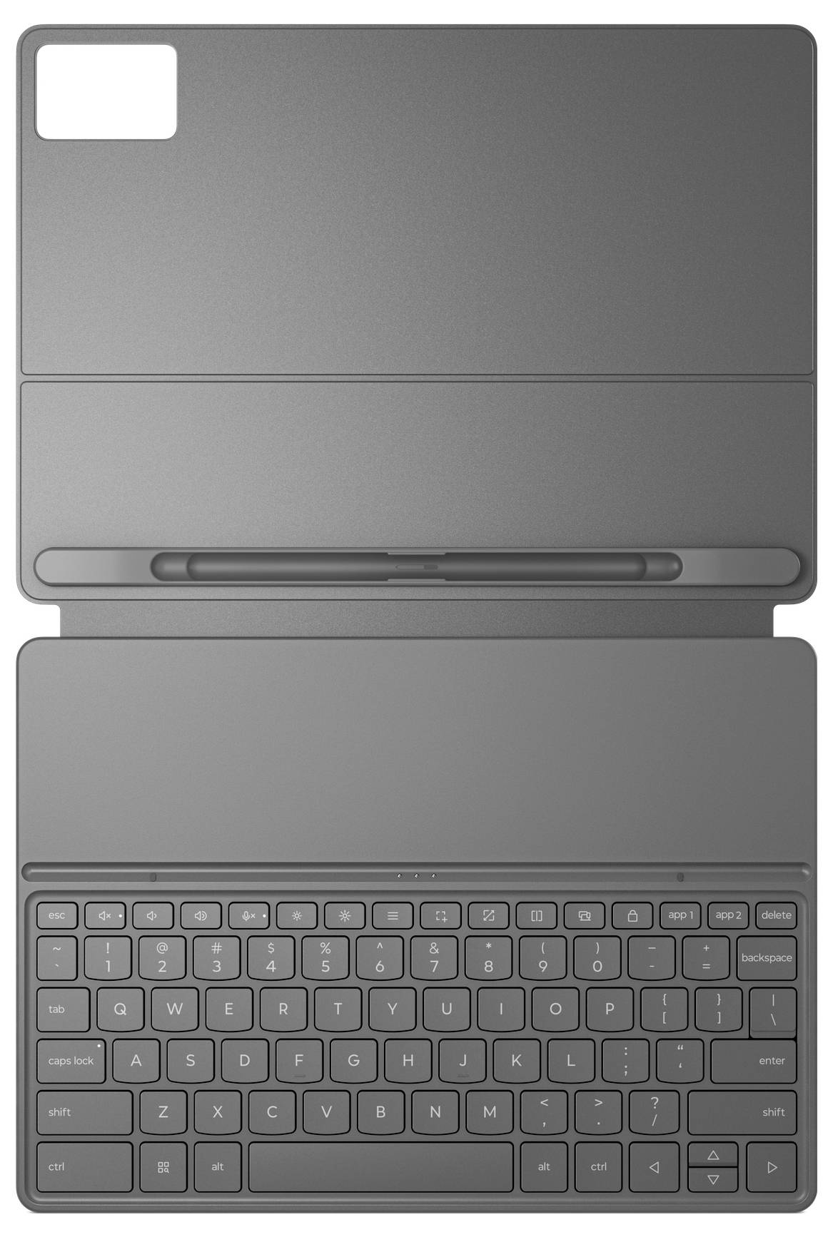 Geschlossener Laptop oder Tablet mit angebrachter Tastatur, von vorne in Grau dargestellt.