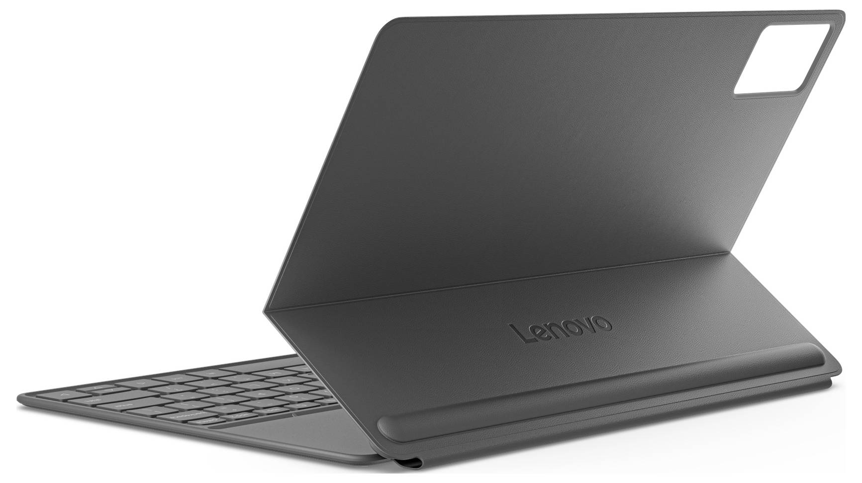 Zugeklapptes Lenovo-Laptop in Dunkelgrau, teilweise von hinten geöffnet gezeigt mit sichtbarer Tastatur auf weißem Hintergrund.