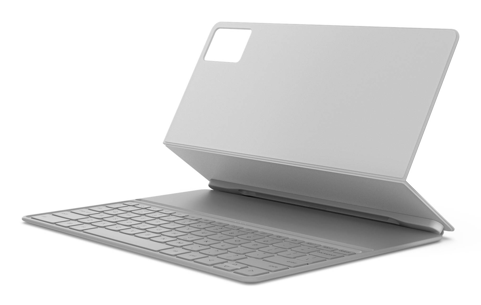 Grauer Laptop, offen in einem Winkel dargestellt, mit abnehmbarer Tastatur, isoliert auf weißem Hintergrund.