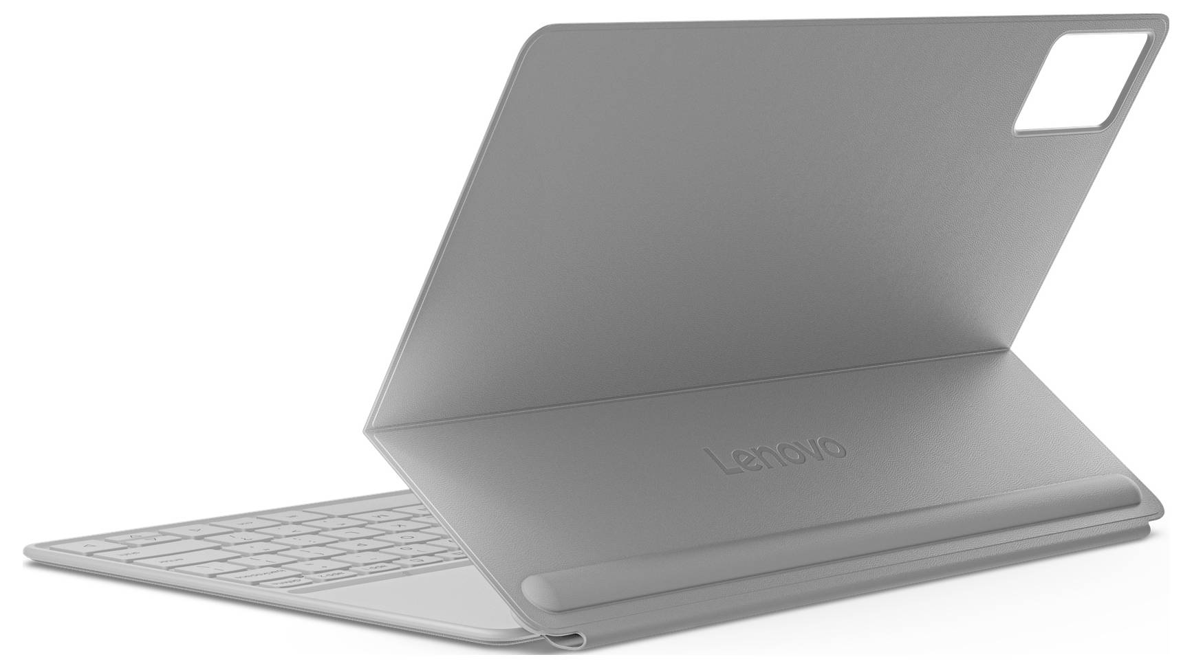 Silbernes Lenovo-Tablet mit angebrachter Tastaturschutzhülle, geöffnet in einer laptopähnlichen Ständerposition.