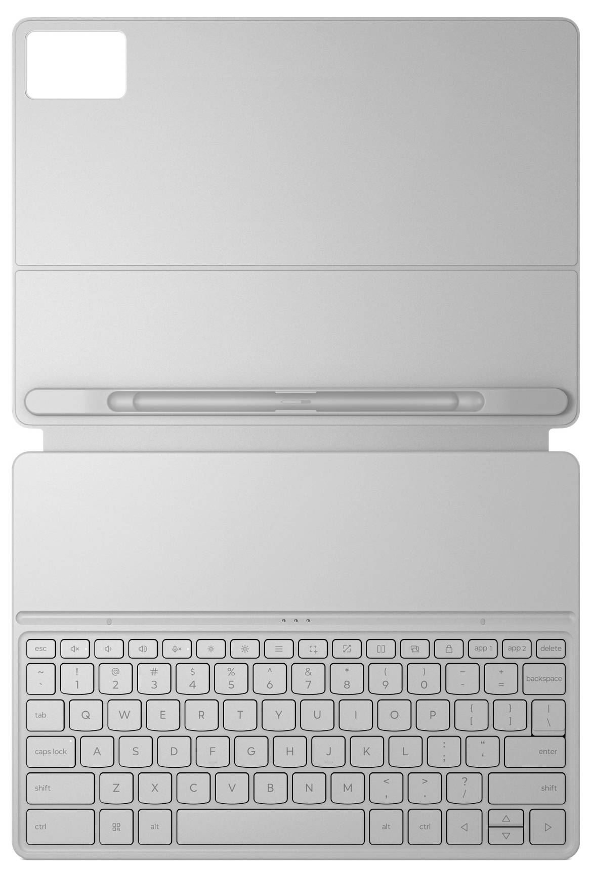 Vorderansicht eines silbernen Laptops mit geschlossenem Deckel und sichtbarer Tastatur, dargestellt in einer einfachen Produktstil-Illustration.