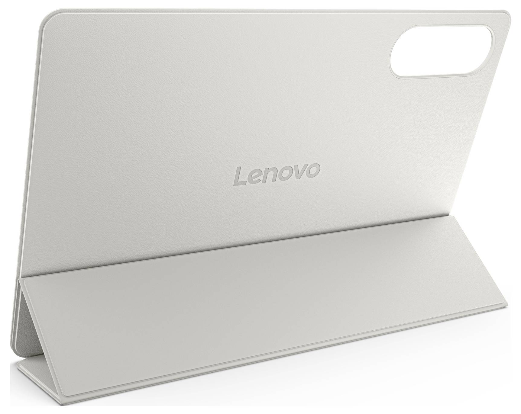 Silberne Lenovo-Tablet-Schutzhülle im Folio-Stil, aufgeklappt, mit Aussparung für die rückseitige Kamera.