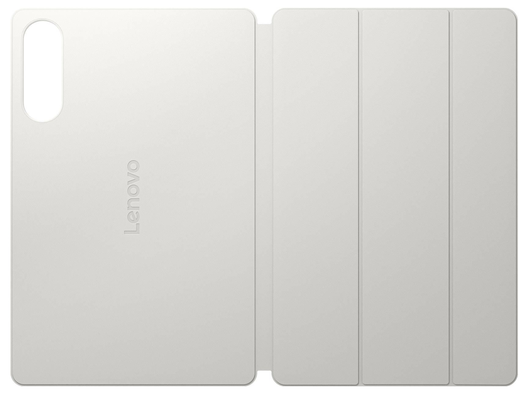Geschlossene silberne Lenovo-Tablet-Schutzhülle, von hinten gezeigt, mit einem vertikalen Kameraausschnitt auf der linken Seite und drei klappbaren Abdeckungspanels auf der rechten Seite.
