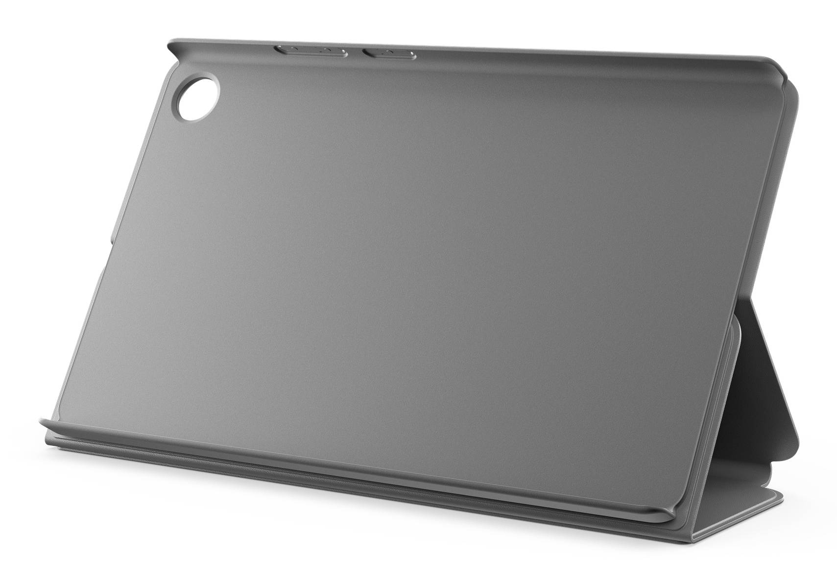 Grauer Tablet-Schutzetui mit integriertem Ständer, geschlossen und angewinkelt auf weißem Hintergrund dargestellt.