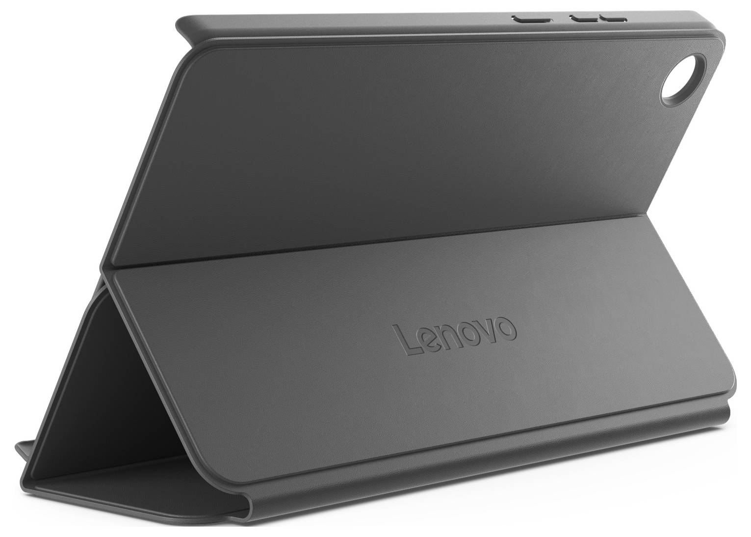 Schwarze Lenovo-Tablet-Schutzhülle, die in einen Ständer gefaltet ist und geschlossen gezeigt wird, mit sichtbarem Kameraausschnitt.