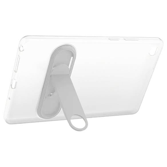 Transparente Smartphone-Hülle mit integriertem Ring-Ständer, der auf der Rückseite ausgeklappt ist für freihändiges Anschauen und besseren Halt.