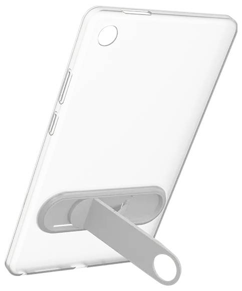 Transparente Smartphone-Hülle mit eingebautem ausklappbarem Ständer auf der Rückseite für freihändiges Anschauen.