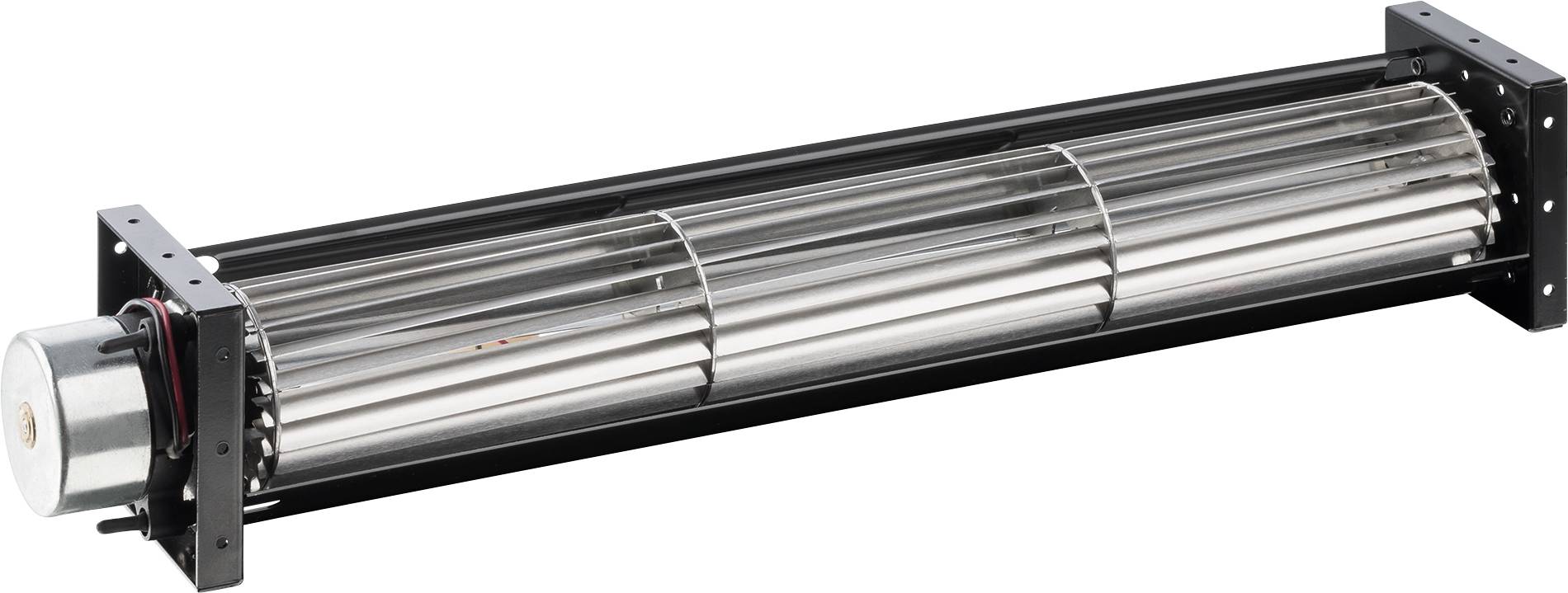 Lange zylindrische axiale Lüfteranordnung mit Metallblättern in einem schwarzen Montagerahmen und Motorgehäuse an einem Ende.