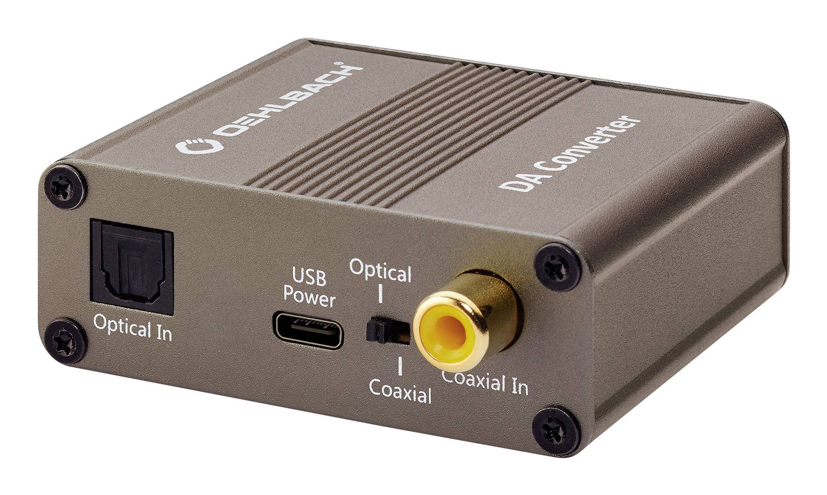 Kompaktes Digital-Analog-Audio-Wandler-Gehäuse mit optischen und koaxialen Eingängen, USB-Stromversorgung und einem gelben Koaxialstecker.