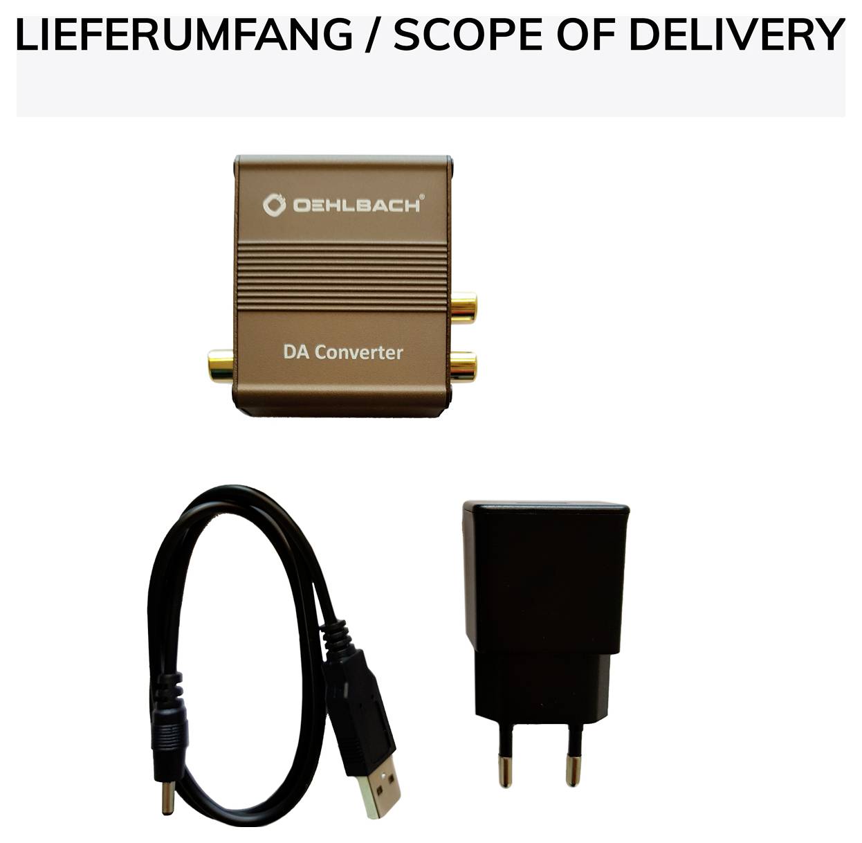Lieferumfang auf dem Bild mit einem Oehlbach DA Converter, einem USB-Kabel und einem Netzteil.