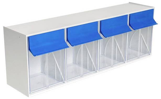Transparente Kunststoff-Lagerbehälter-Einheit mit vier herausziehbaren Fächern und blauen Klappldeckeln auf einem weißen Rahmen.