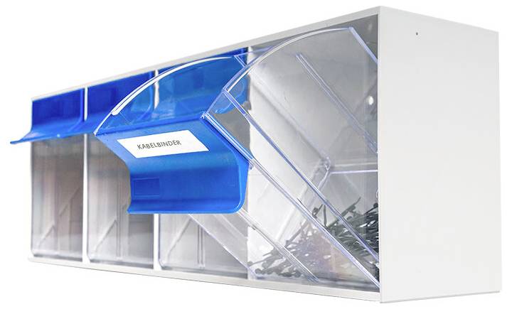Blauer und transparenter, an der Wand montierter Kunststoff-Organisator mit mehreren geneigten Fächern und einem Etikett mit der Aufschrift „KABELBINDER