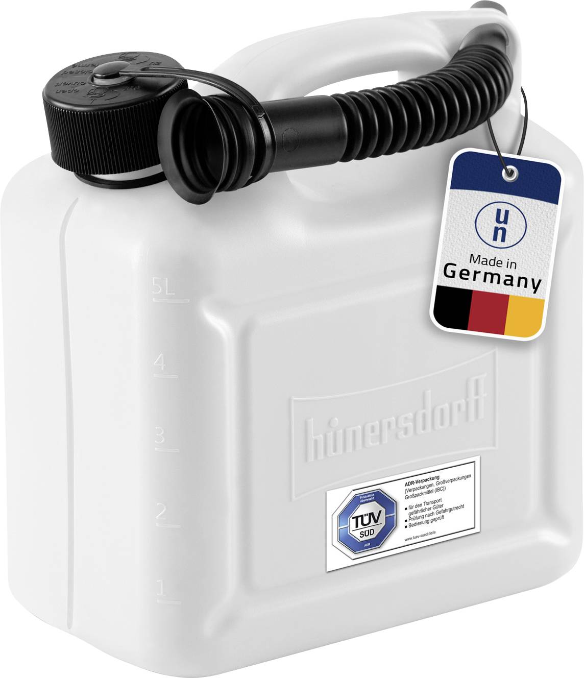 Weißer 5-Liter-Kunststoff-Kanister mit schwarzem Schraubverschluss und flexiblem Auslauf, gekennzeichnet mit „Made in Germany