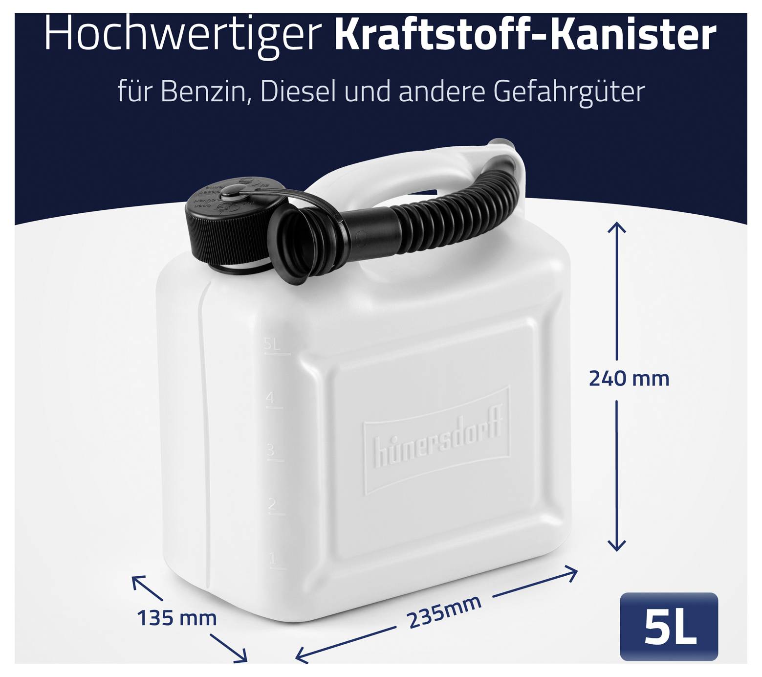 Produktbild eines weißen 5-Liter-Kraftstoffkanisters mit schwarzem Auslauf; Text besagt „Hochwertiger Kraftstoff-Kanister