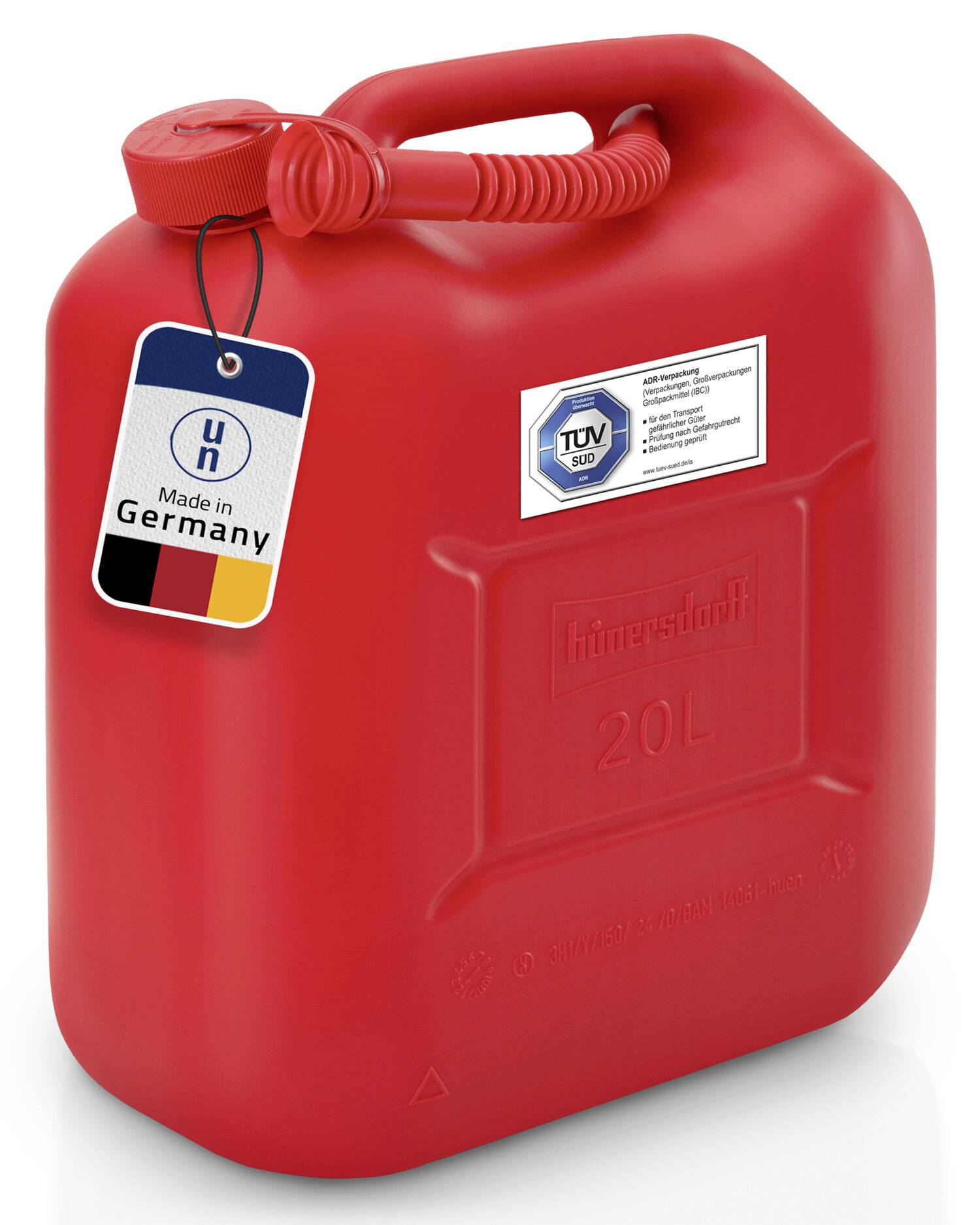 Roter 20-Liter-Kunststoffkraftstoffkanister mit angebrachter Tülle und Etiketten mit der Aufschrift „Made in Germany
