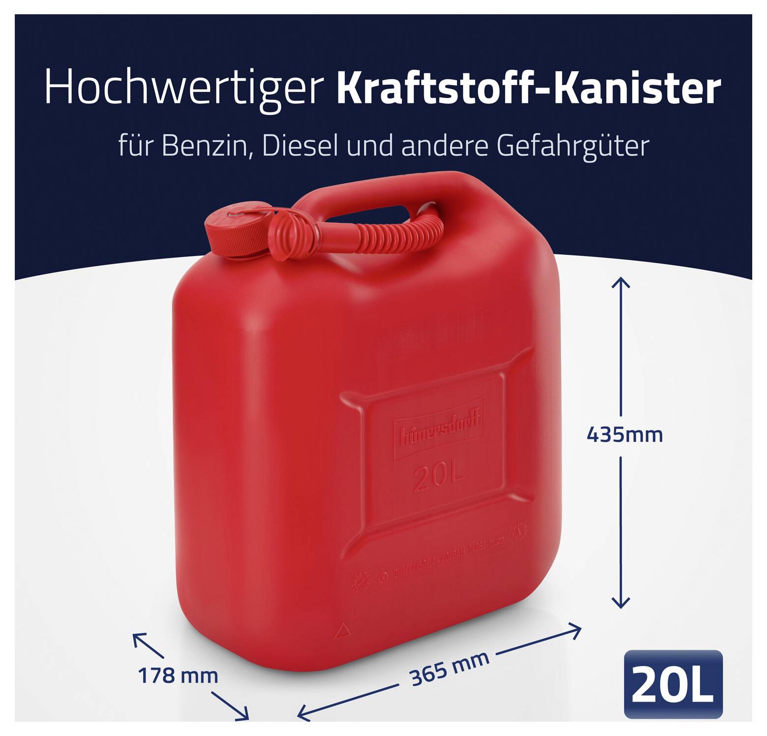 Roter 20-Liter-Benzinkanister auf einer dunkelblau-weißen Produktgrafik, gekennzeichnet für Benzin und Diesel, mit den Abmessungen 435 mm Höhe, 365 mm Breite und 178 mm Tiefe.