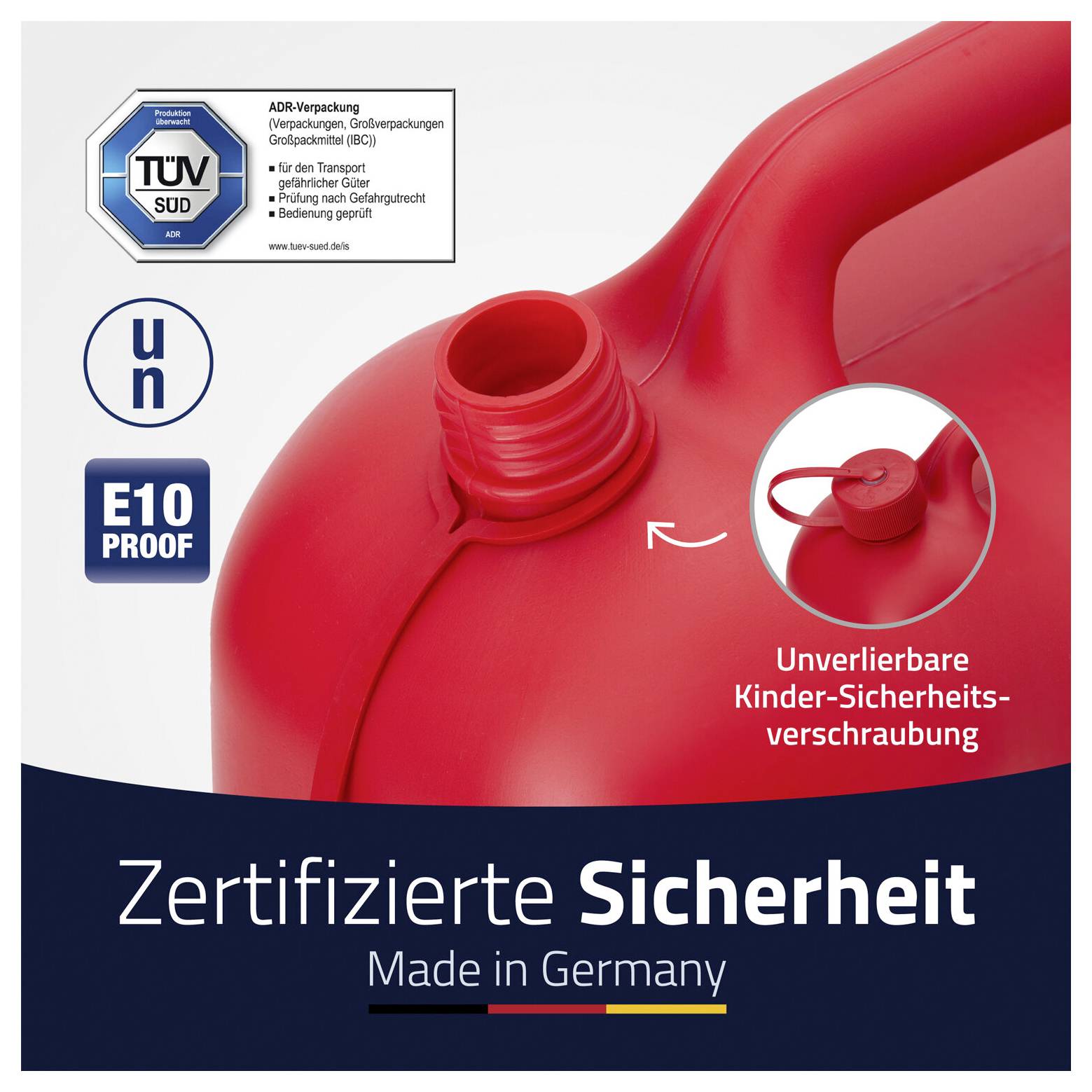 Roter Kunststoffkanister mit zertifizierter kindersicherer Sicherheitsverschlusskappe; deutsche Etiketten „Zertifizierte Sicherheit