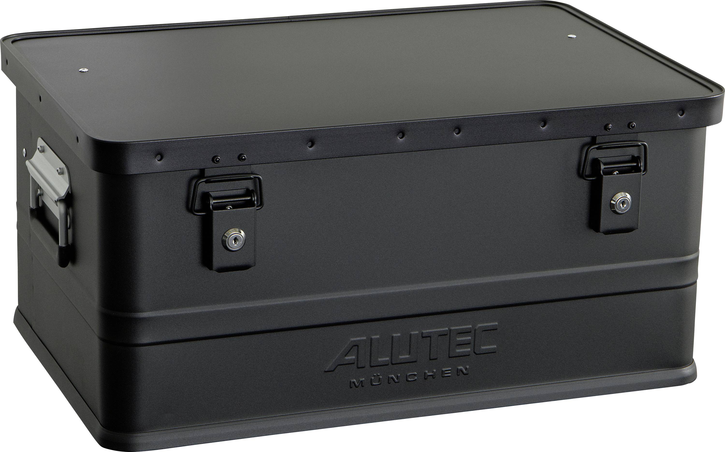 Schwarzer Hartschalenkoffer mit Verschlüssen, Seitengriffen und 'ALUTEC MUNICH'-Branding auf der Vorderseite.
