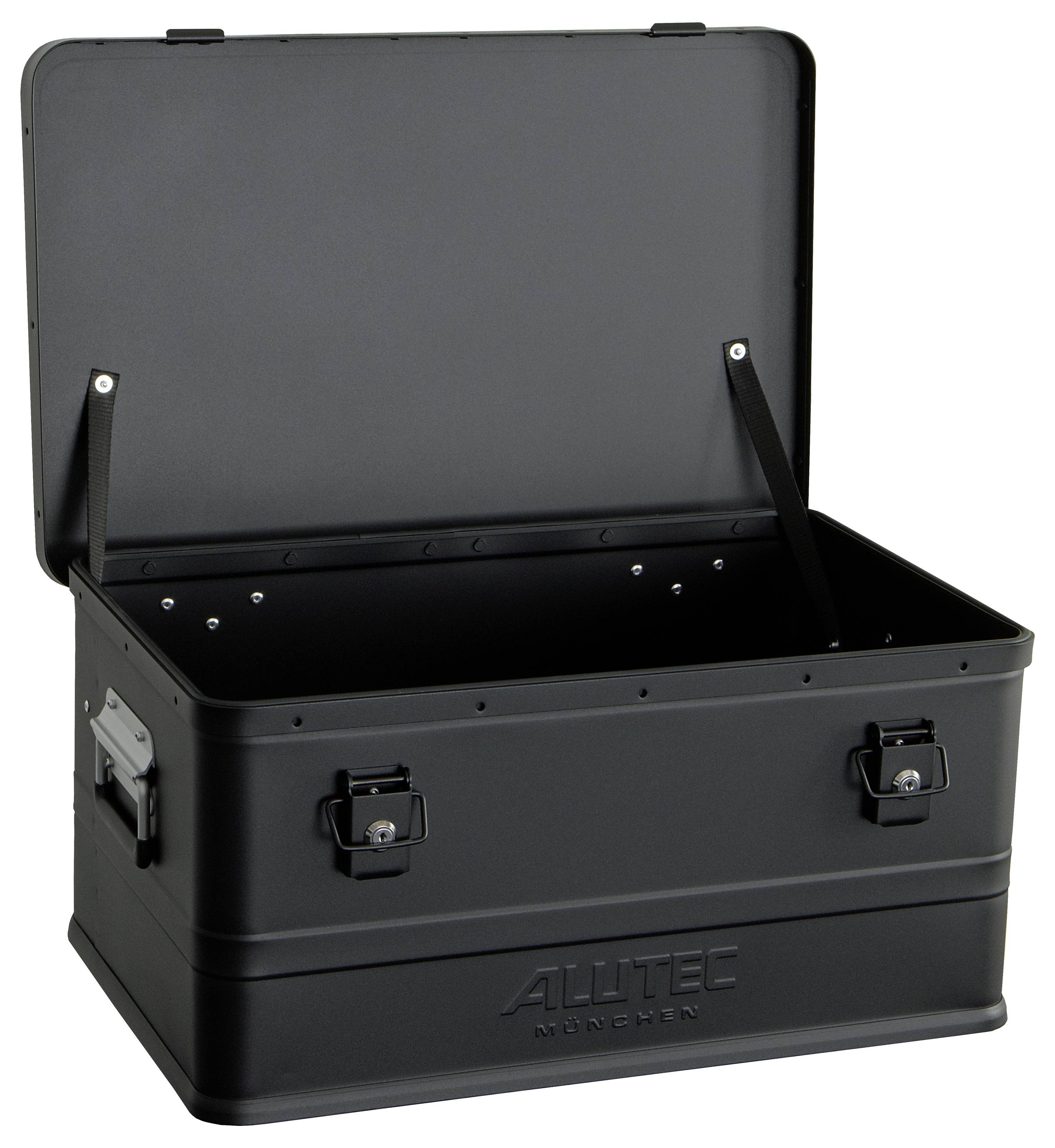 Offene schwarze Alutec-Lagerbox mit Klappdeckel und Seitengriffen, dargestellt vor weißem Hintergrund.