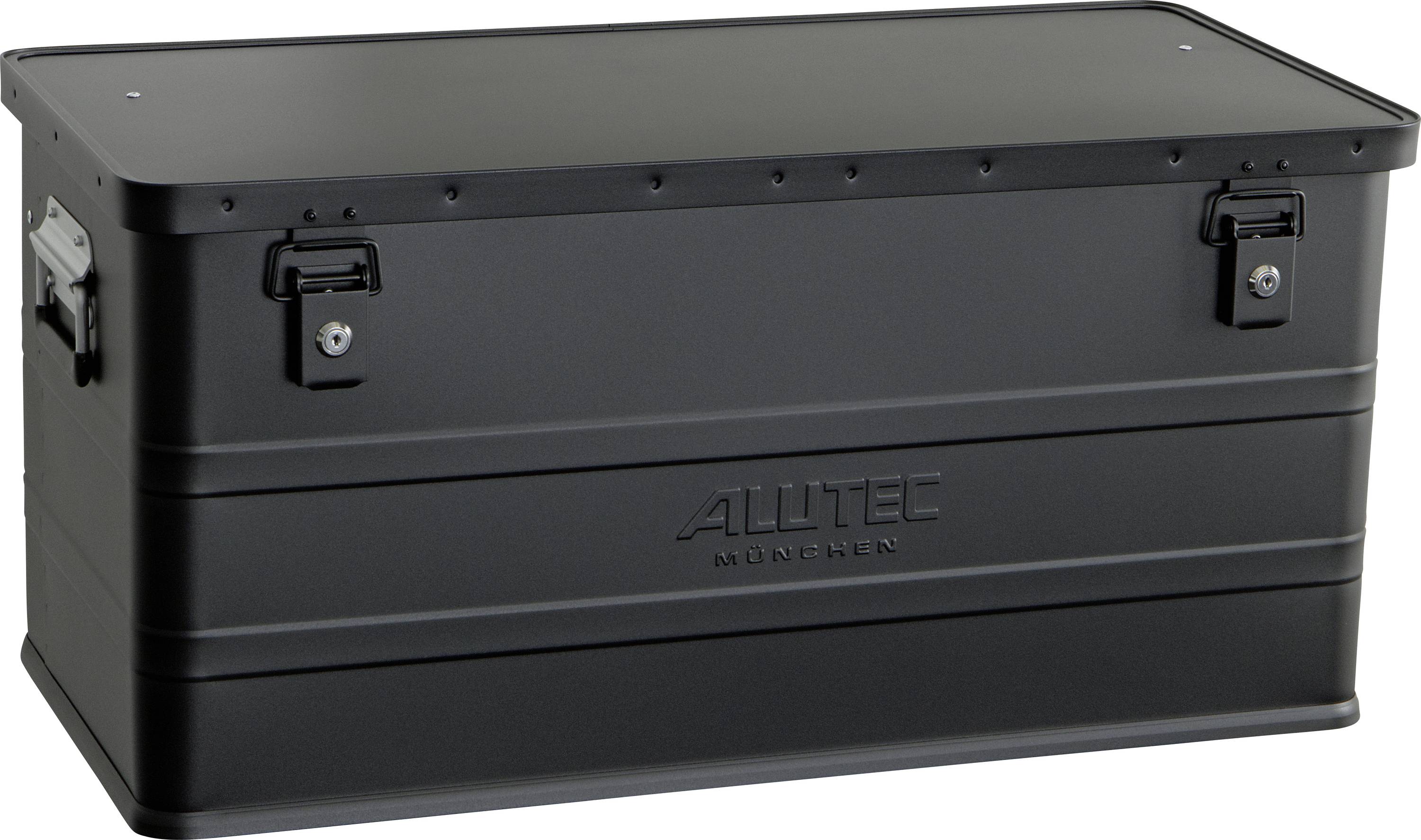 Schwarze Hartschalenlagerbox mit Schnappverschlüssen und Seitengriffen, auf der Vorderseite mit „ALUTEC MUNICH