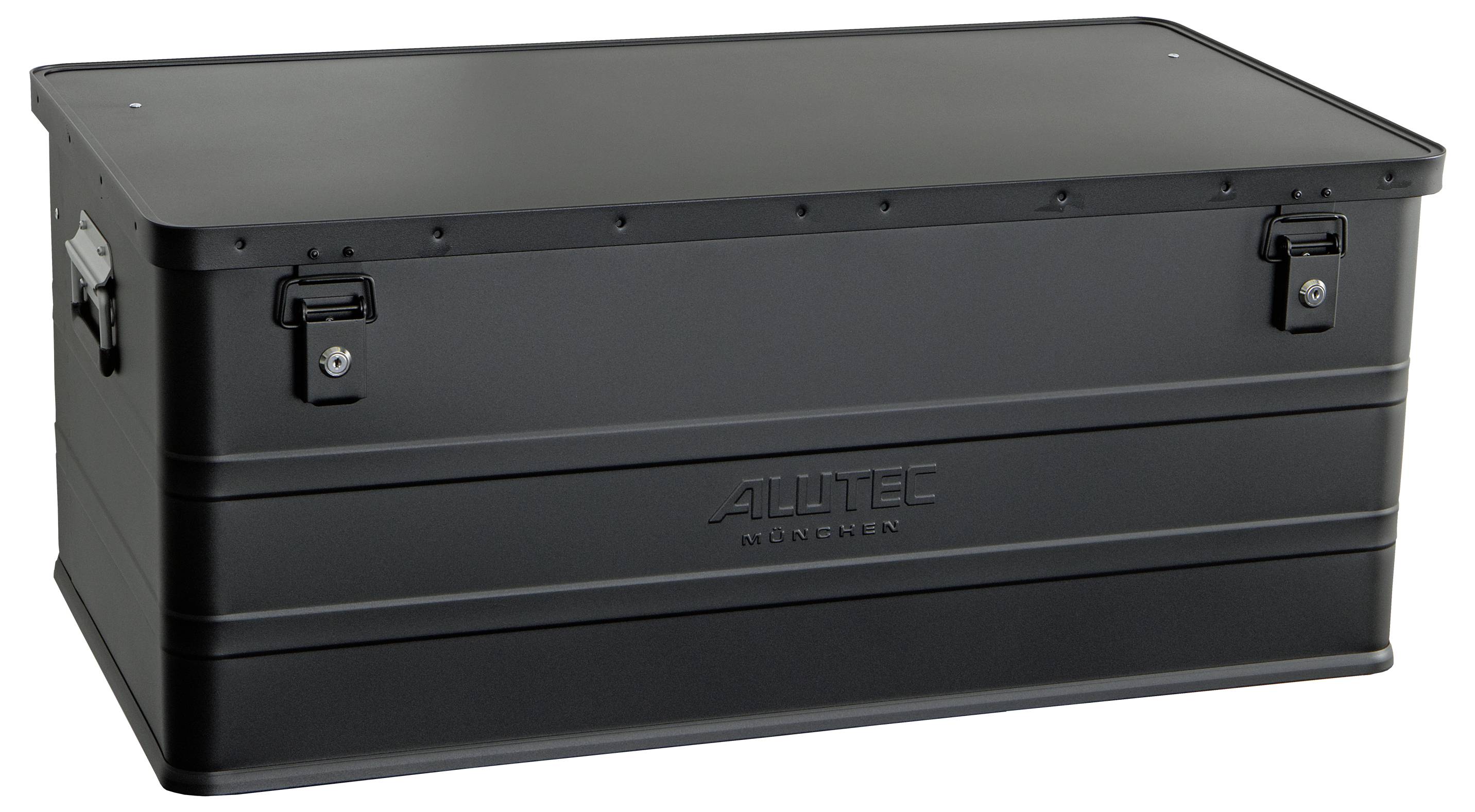 Schwarze Metalllagerkiste mit Verschlüssen und seitlichen Griffen, Marke „ALLTEX