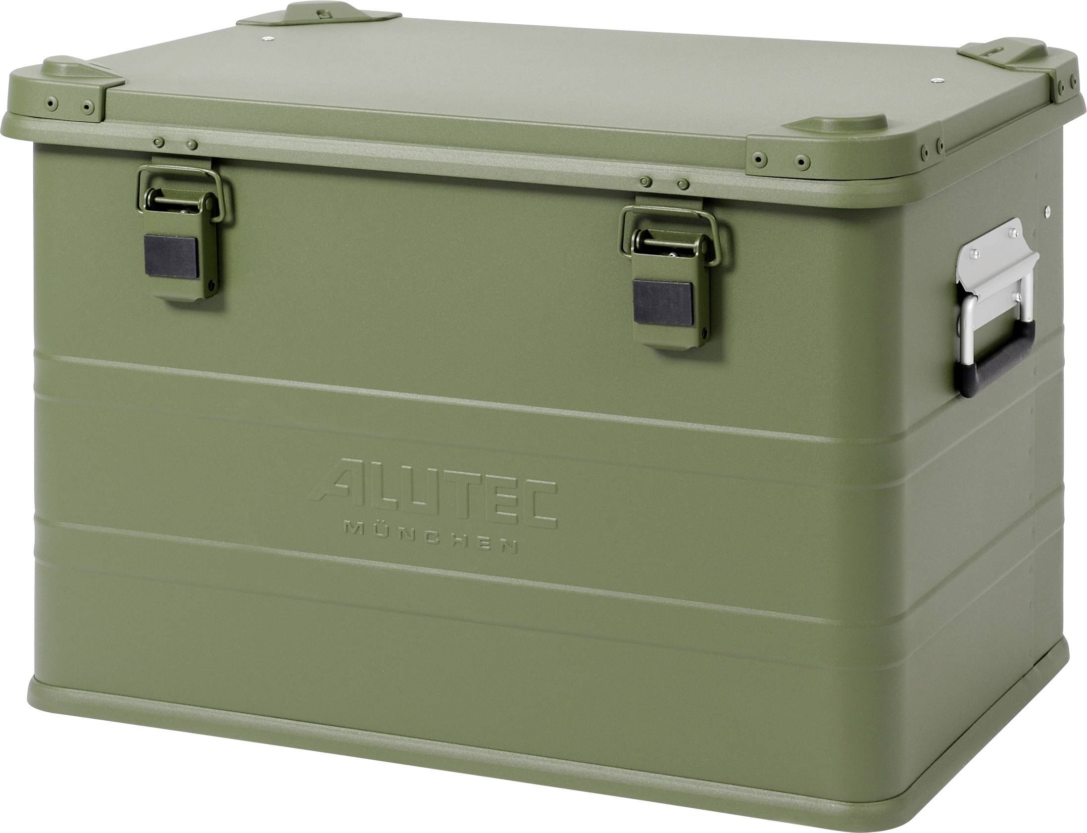 Olivgrüne harte Kühlbox mit Verschlusshebeln und Seitengriffen auf weißem Hintergrund.