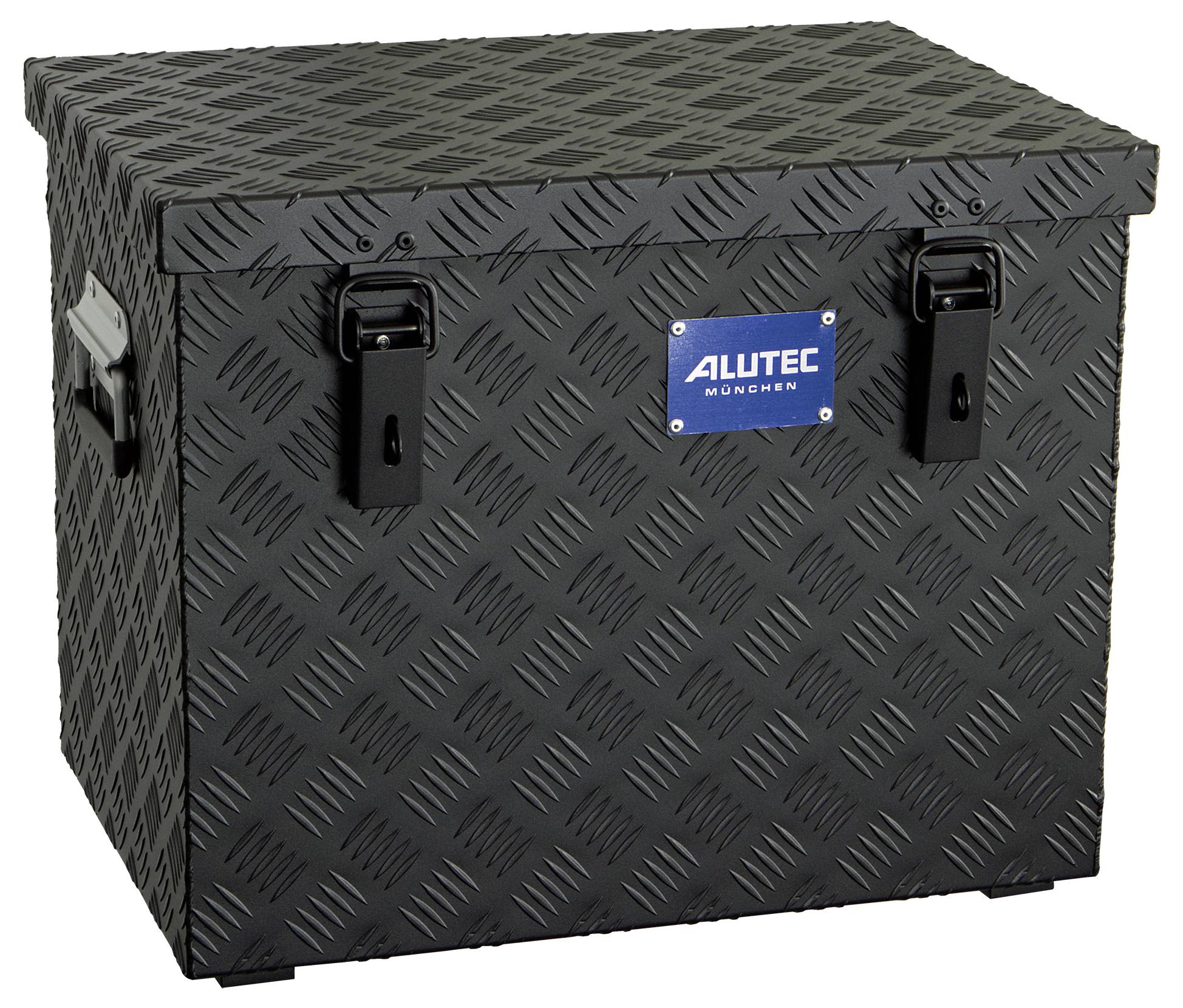 Schwarze Riffelblech-Metallbox mit Klappdeckel, Verschlusssperre und Beschriftung „ALUTEC MÜNCHEN