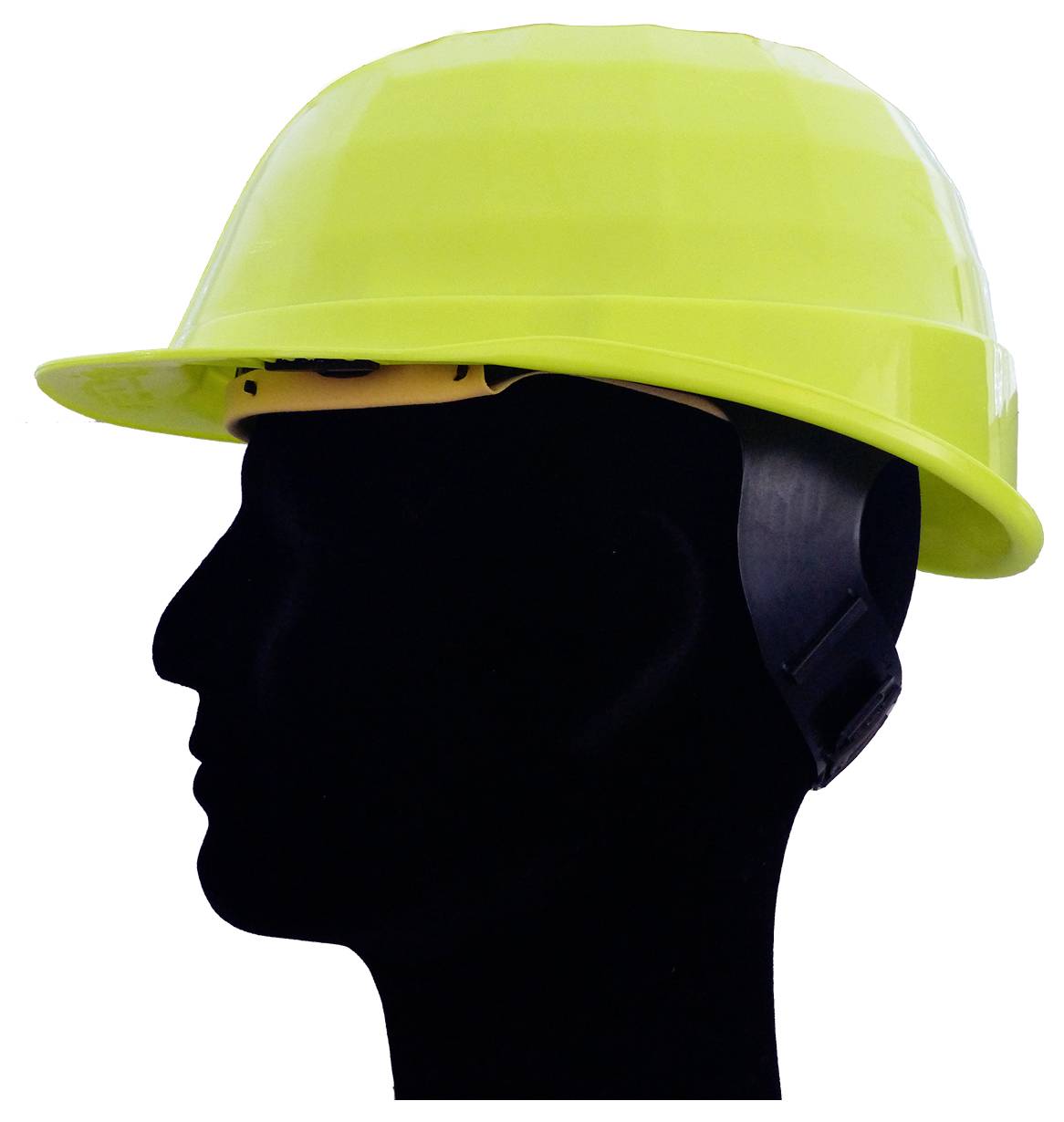 Seitenansicht eines schwarzen Schaufensterköpfe mit einem leuchtend gelben Schutzhelm auf weißem Hintergrund.
