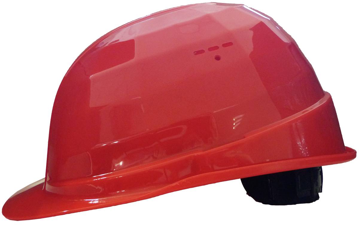 Roter Schutzhelm mit Kinnriemen, in Seitenansicht auf weißem Hintergrund dargestellt.