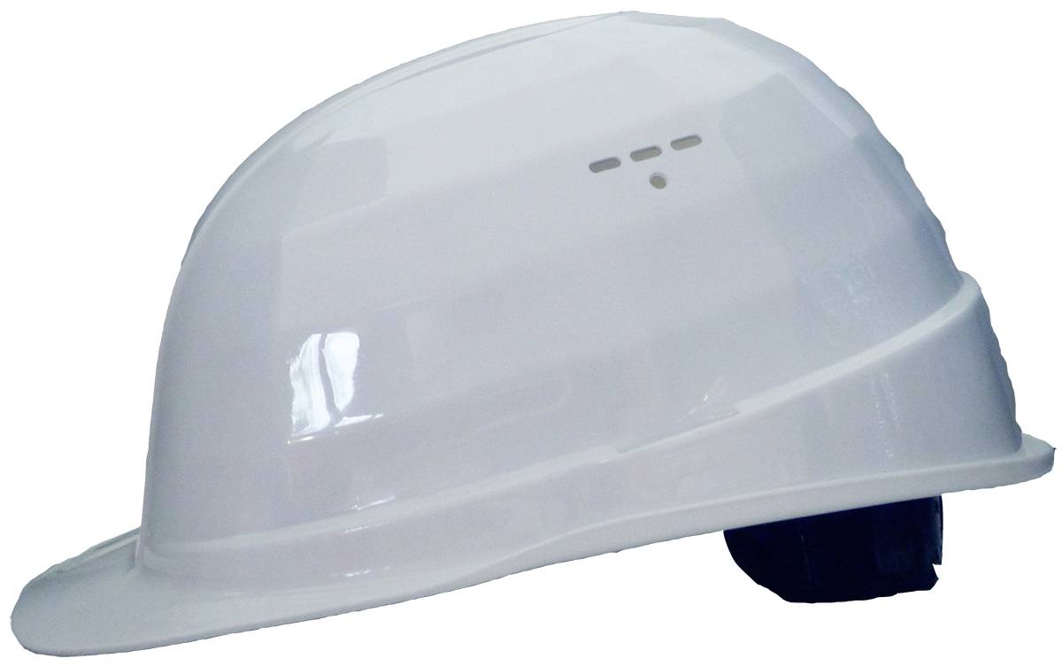 Weißer harter Schutzhelm in Profilansicht auf einfachem Hintergrund.