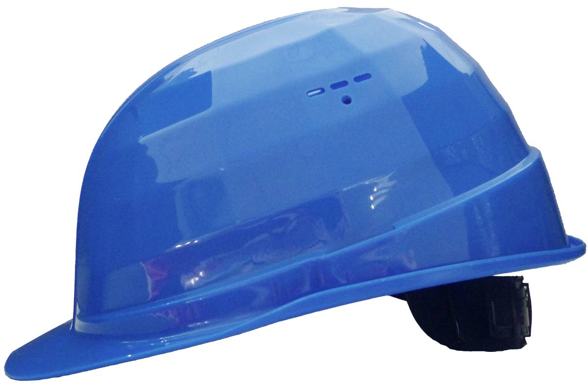 Blauer Schutzhelm mit Hartschale und schwarzem Kinnriemen, mit Vorderschirm und schwarzer Aufhängung, auf weißem Hintergrund dargestellt.