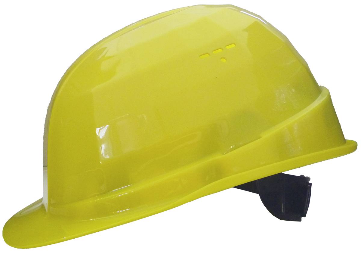 Gelber Bauhelm auf weißem Hintergrund, in Seitenansicht dargestellt.