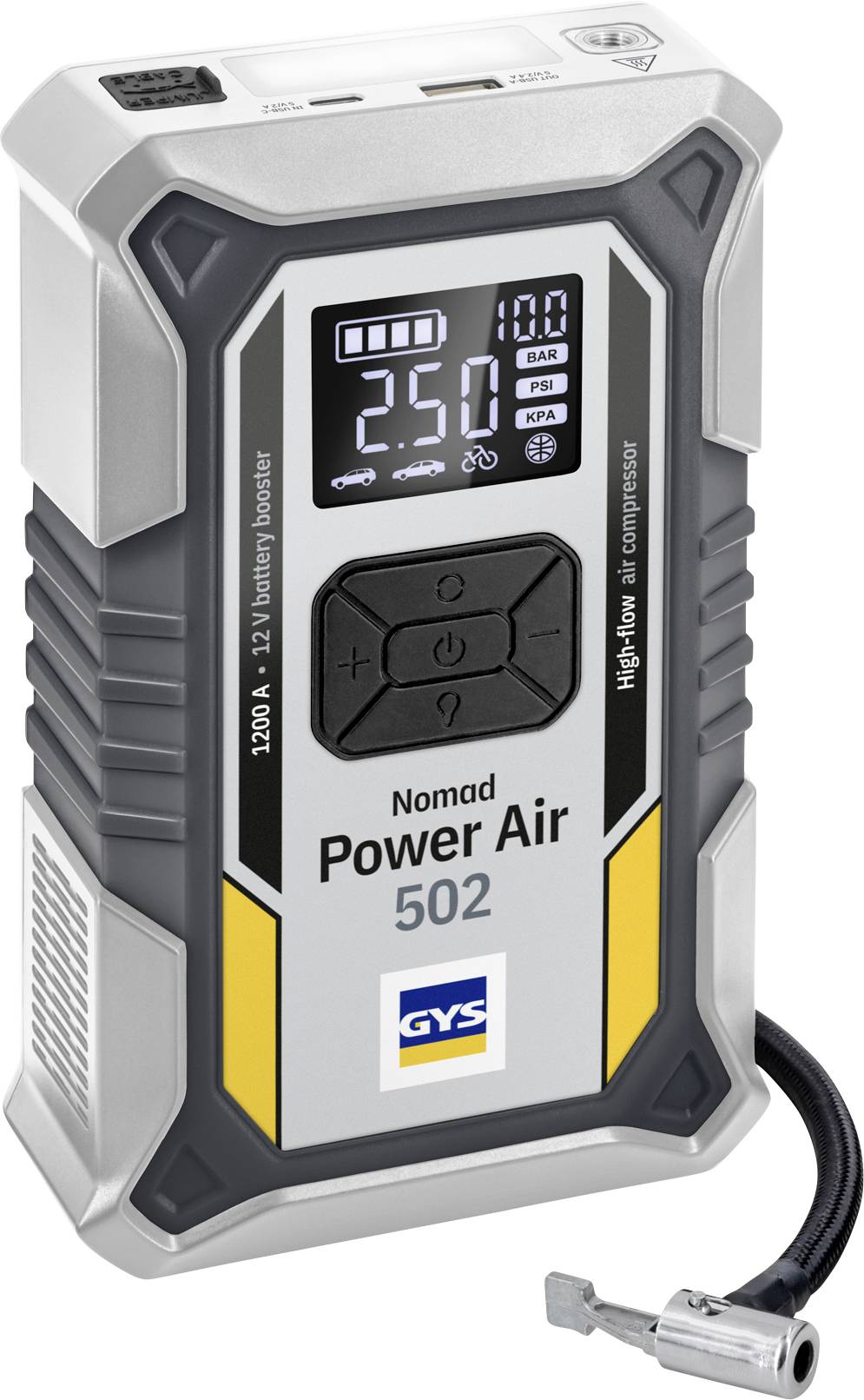 Tragbarer Nomad Power Air 502 batteriebetriebener Luftkompressor mit digitaler Anzeige, die 250 psi anzeigt, und Schlauchverbindung.