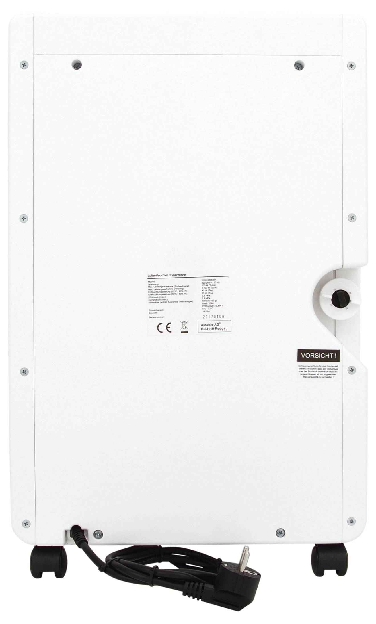 Tragbares weißes elektrisches Gerät oder Heizgerät von hinten betrachtet, mit Warnaufklebern, Rädern und einem Stromkabel mit Stecker am unteren Ende.