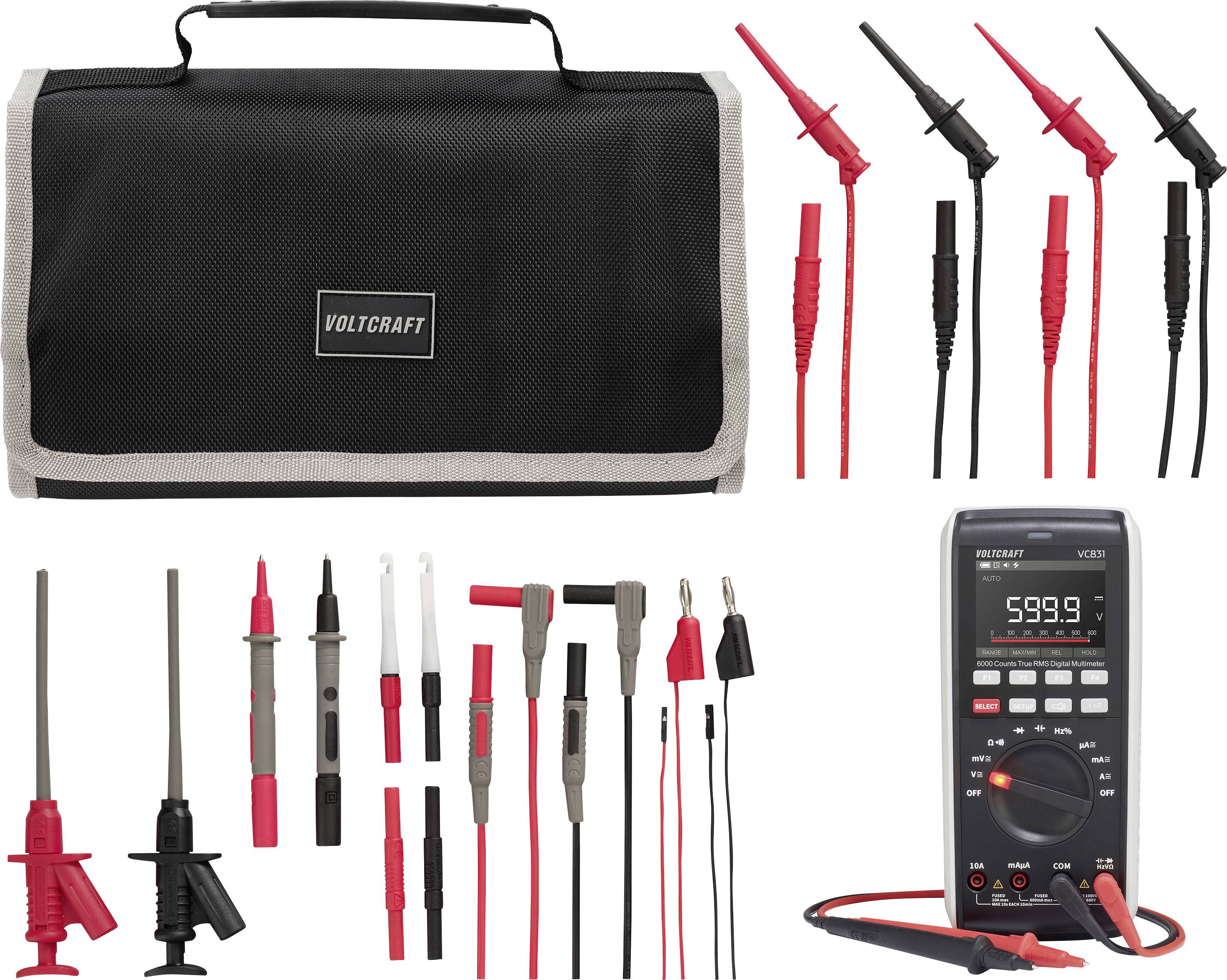 Voltcraft-Multimeter-Set mit Tragetasche, digitales Multimeter und verschiedenen Messspitzen, Leitungen und Krokodilklemmen.