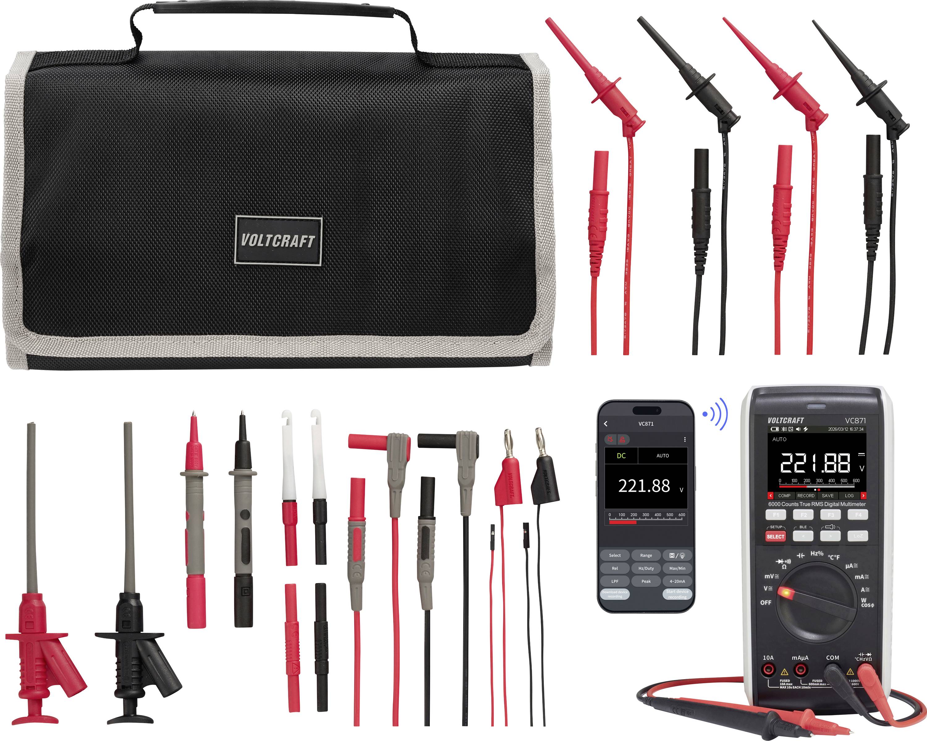 VOLTCRAFT Multimeter-Zubehörset in einem Tragekoffer mit Messleitungen, Prüfspitzen, Krokodilklemmen und zwei digitalen Multimetern zu Referenzzwecken.