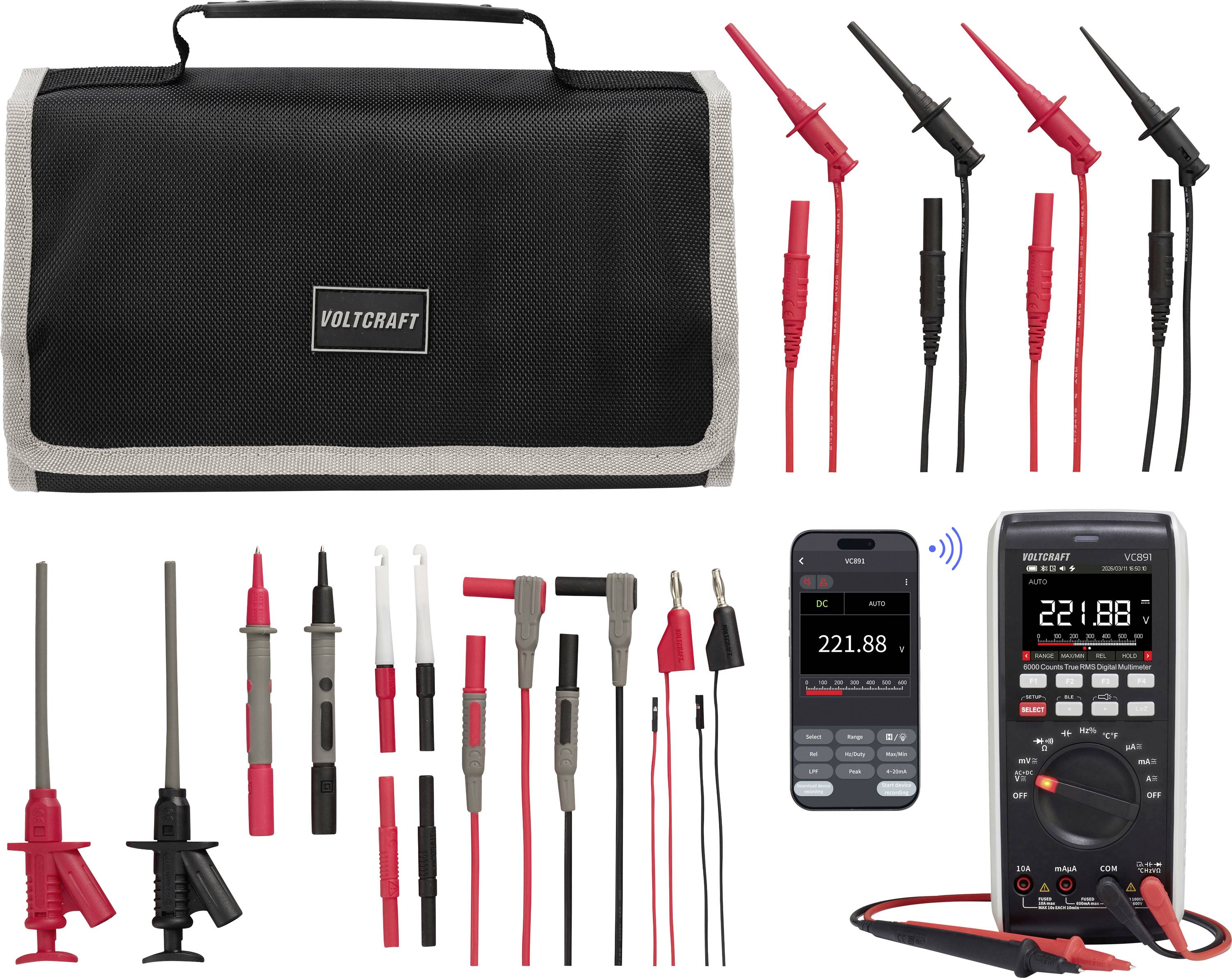 Voltcraft Multimeter-Messleitungs-Set in einer Tragetatsche mit Messspitzen, Krokodilklemmen und Smartphone-/Geräteabbildern, die Messergebnisse und App-Verbindung zeigen.