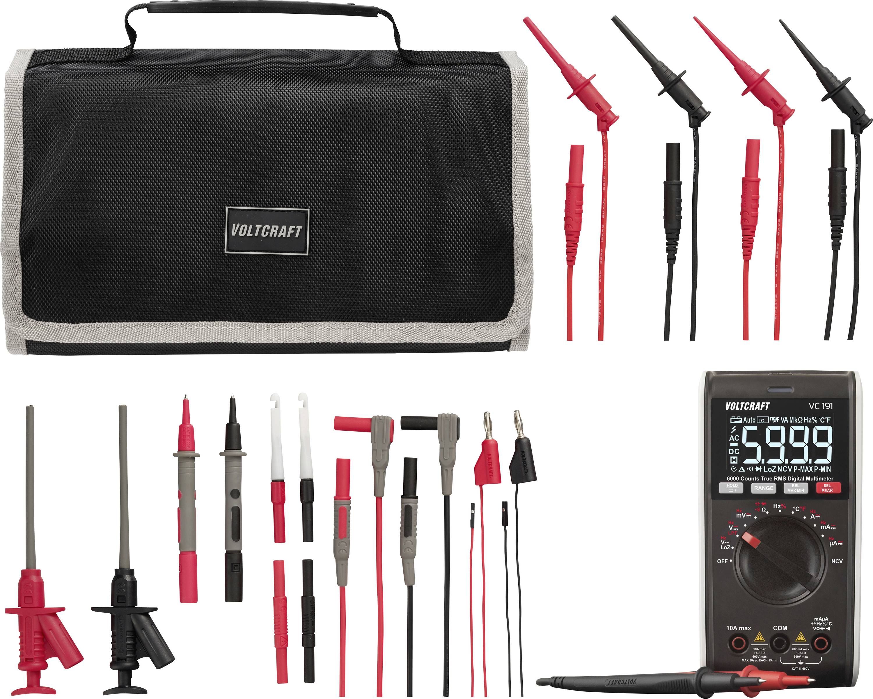 Voltcraft digitales Multimeter-Set mit Tragekoffer, Messleitungen, Sondenspitzen und Krokodilklemmen auf weißem Hintergrund dargestellt.