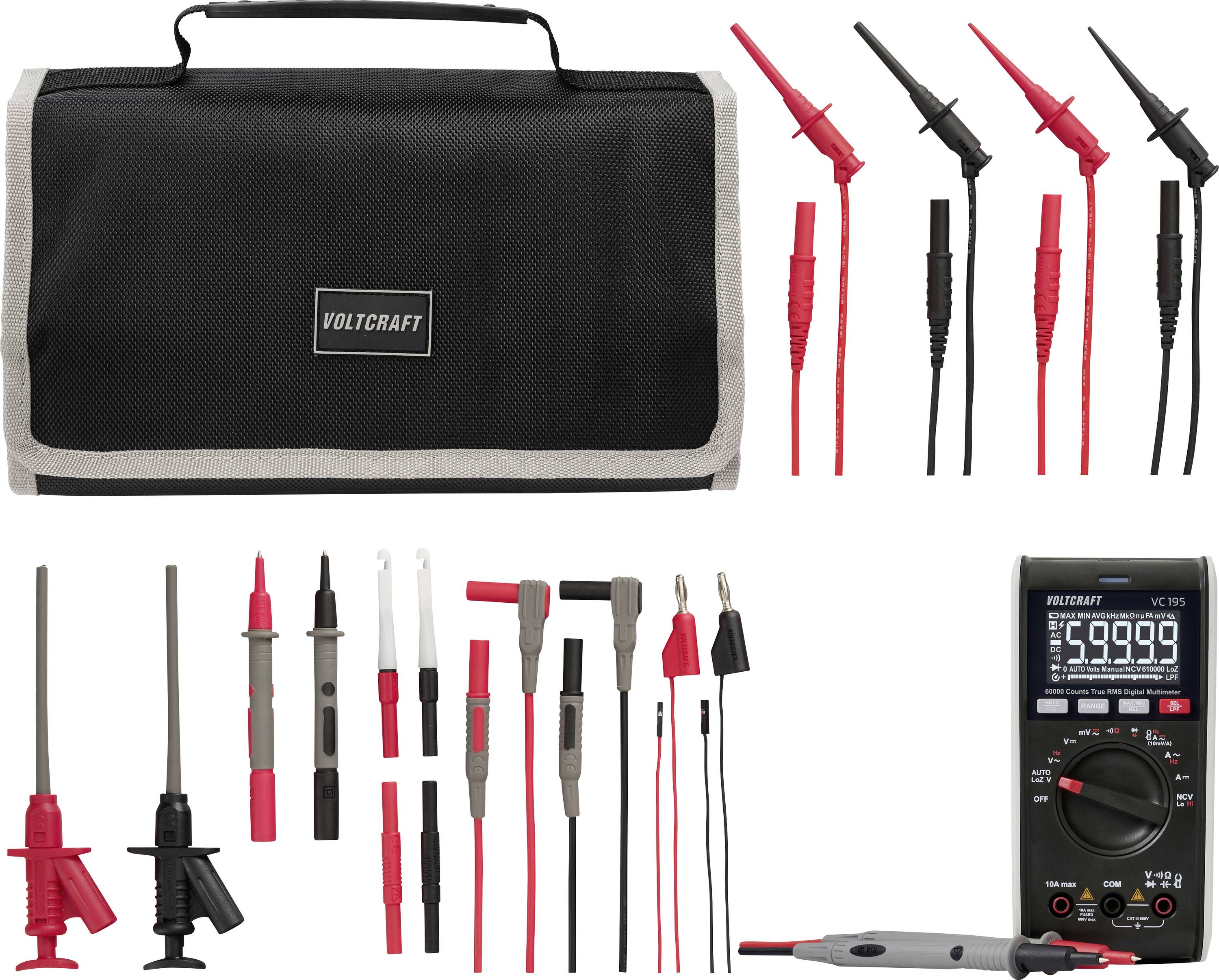 Voltcraft Multimeter-Messleitungen und Prüfspitzensatz, gezeigt mit einer Tragetasche, verschiedenen Prüfspitzen, Klemmen und einem digitalen Multimeter.