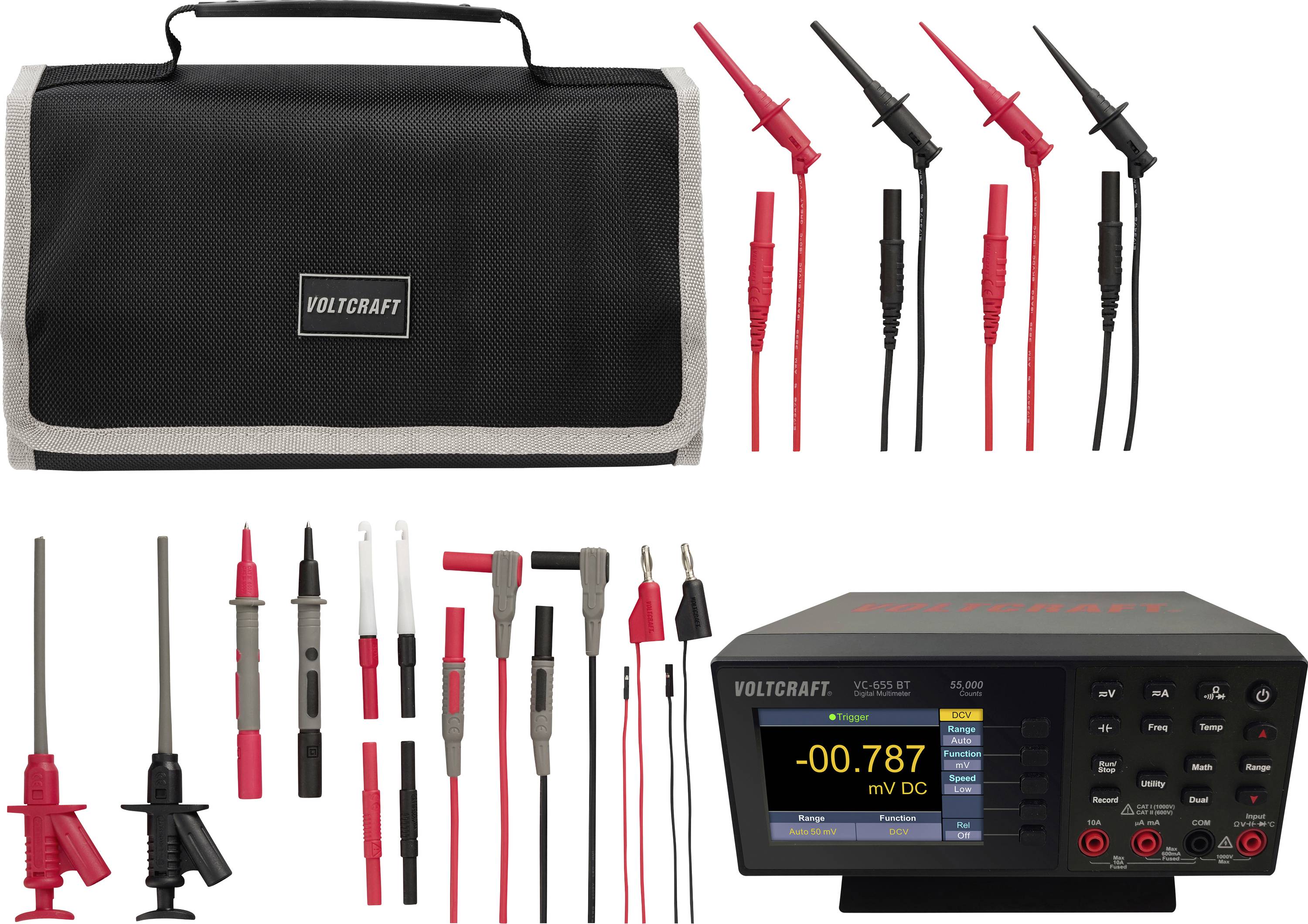 Voltcraft Multimeter-Messleitungs-Set mit Tragetasche, verschiedene rote und schwarze Messspitzen, Krokodilklemmen, Leitungen und digitale Messgeräte-Anzeige.