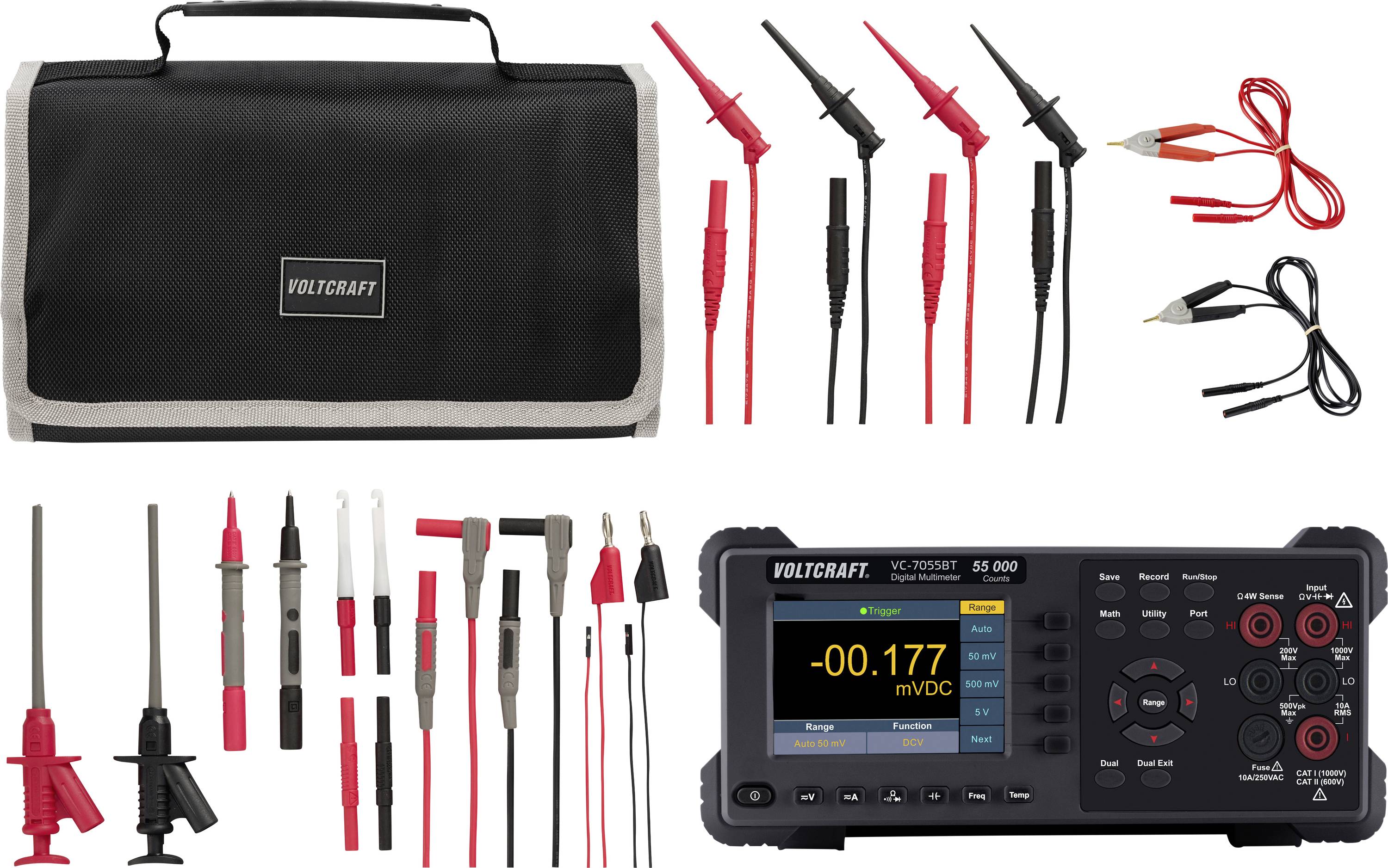 Voltcraft Prüfleitungssatz mit Tragekoffer, Messspitzen, Klemmen und digitales Multimeter mit einer Anzeige von -0,177 mVDC.