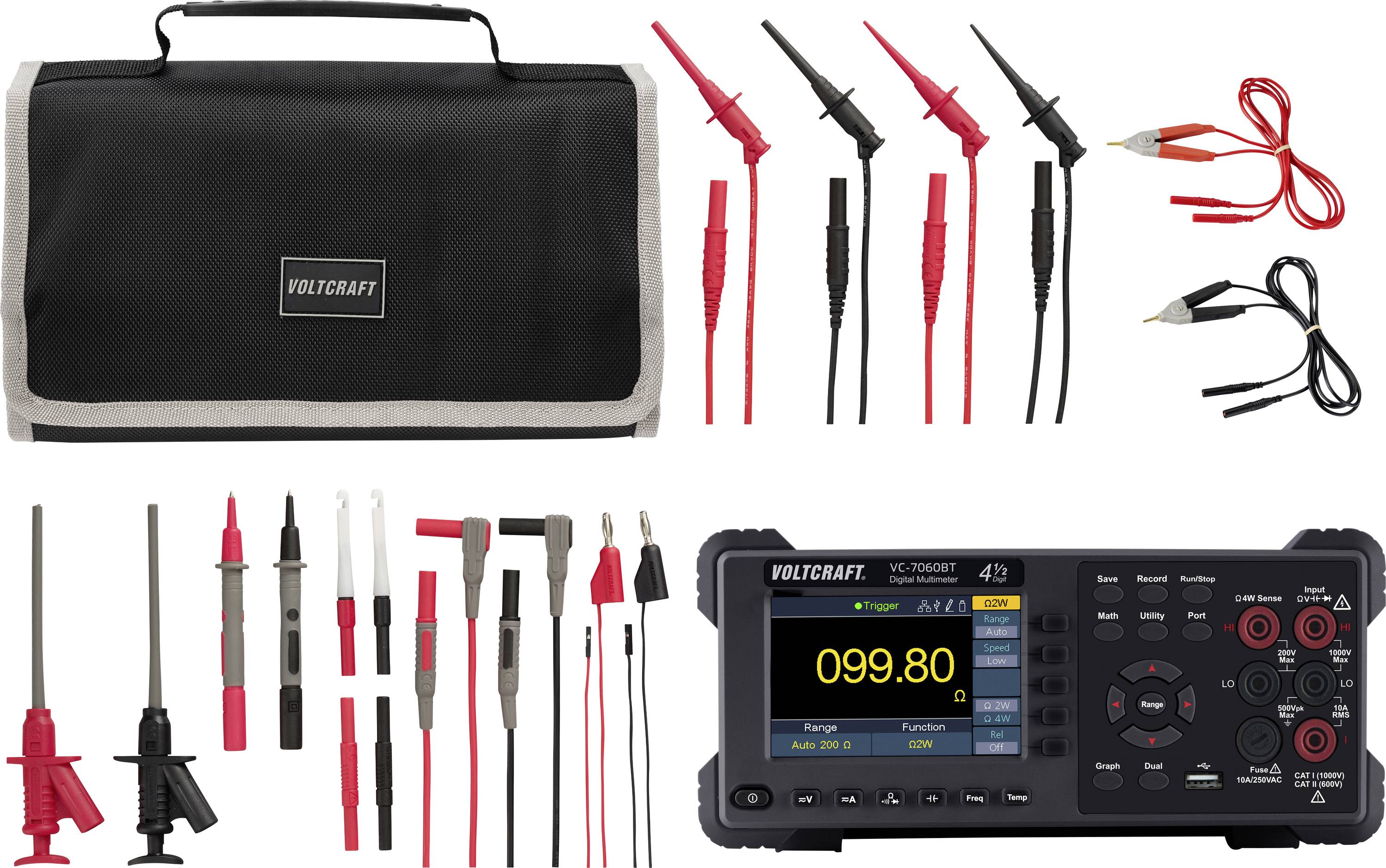 Voltcraft Testleitungssatz mit Tragetasche, mehreren Messspitzenvorsätzen und Krokodilklemmen, plus ein digitales Multimeter mit Anzeige von 099.80 auf dem Bildschirm.