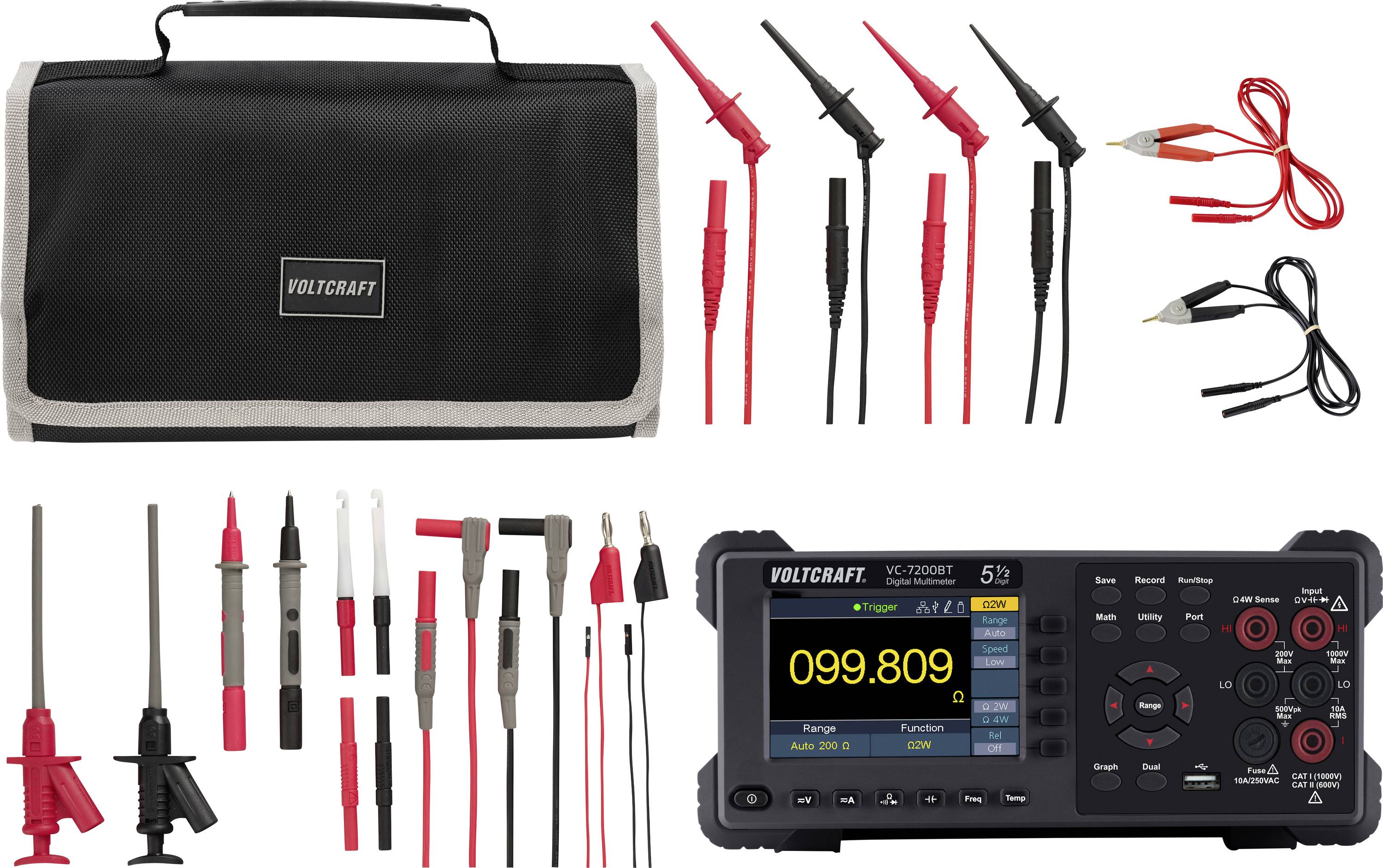 Voltcraft-Prüfspitzensatz mit Tragetasche, assortierte rote und schwarze Messleitungen, Klemmen, Adapter und ein digitales Multimeter mit Anzeige 099.809.